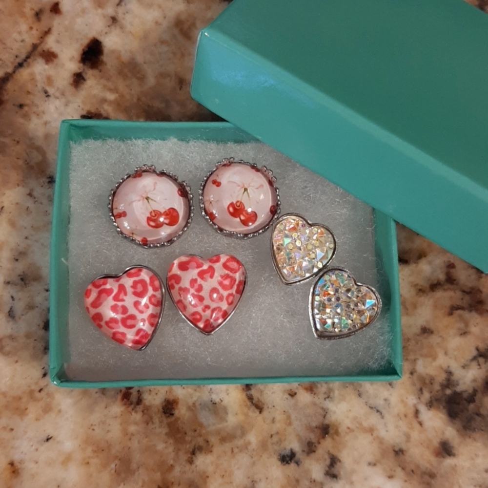 Cherry and Heart Stud Earrings Set